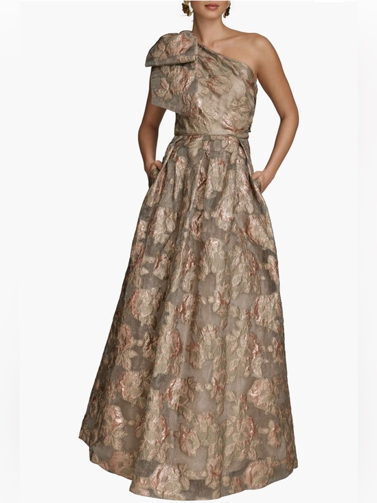 Donna Karan Dresses & Skirts - One-Shoulder Metallic Floral Ball Gown in Taupe and Rose